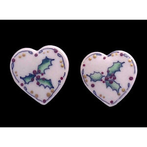 Vintage Earrings Handpainted Holly Berries Heart Clay Shaped Folk Art Christmas